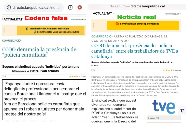 Busca les 4 diferències entre aquesta cadena falsa de WhatsApp sobre la inseguretat a Barcelona i la notícia real